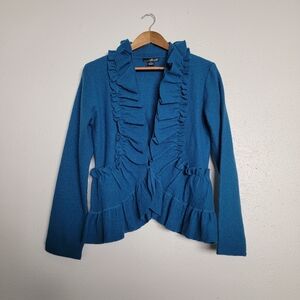 Willi Smith Turquoise Wool Ruffled Cardigan Sweater